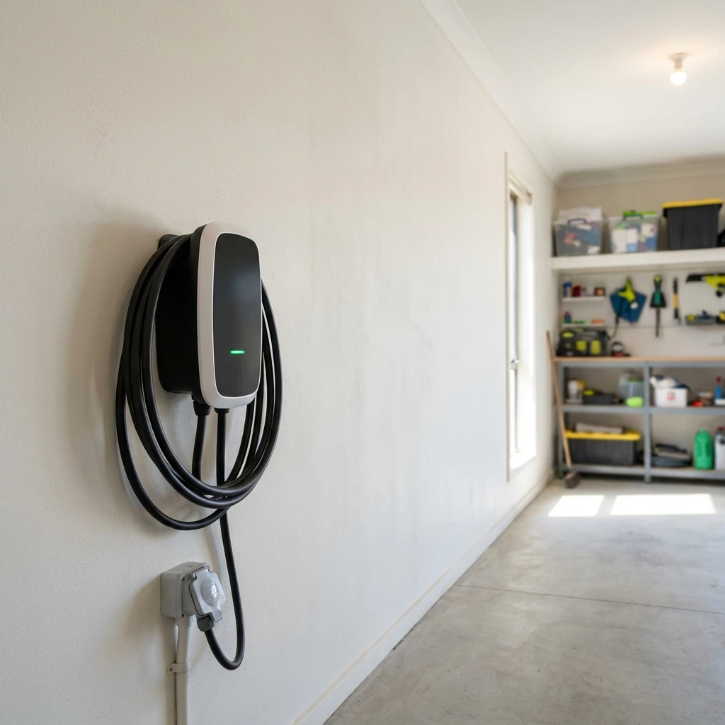 Dedicated EV charging point mounted in a garage by D.J. Whatley & Son electricians