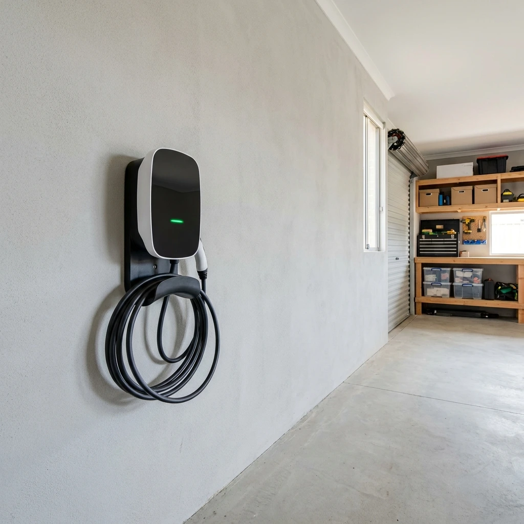 Wall-mounted EV charger installed in a home garage by D.J. Whatley & Son in Ormeau