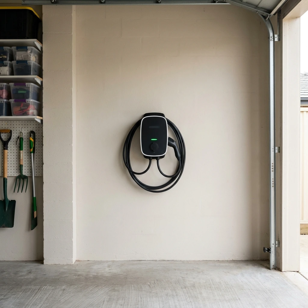Home EV charger with coiled charging cable installed by D.J. Whatley & Son